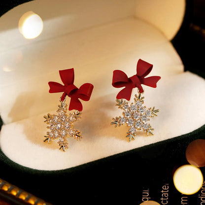 2024 Red Bow Knot Snowflake Drop Earrings – Christmas Santa & Snowman Jewelry